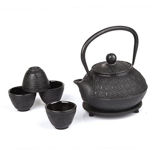  Kendal 6 piece Japanese Cast Iron Pot Tea Set Black w/Trivet (30 oz 900YH)