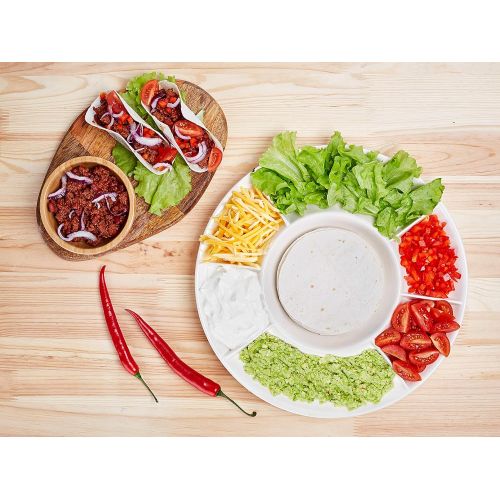  Kenley Taco Serving Plate - Divided Taco Condiment Platter Tray with Holder for Tortillas or Nachos - Large Ceramic Server Dish for Taco Bar Party