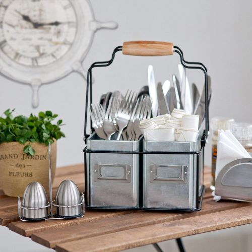  Kenley Galvanized Tin Caddy - Utensil Holder Organizer for Kids & Art Supplies, Kitchen Silverware, Napkins, Flatware, Condiments - Farmhouse Vintage Rustic Decor Picnic Tray with