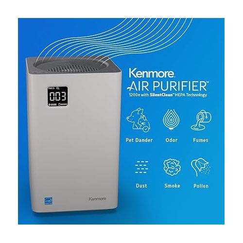  Kenmore PM2010 Air Purifiers with H13 True HEPA Filter, Covers Up to 1200 Sq.Foot, 24db SilentClean 3-Stage HEPA Filtration System, 5 Speeds for Home Large Room, Kitchens & Bedroom
