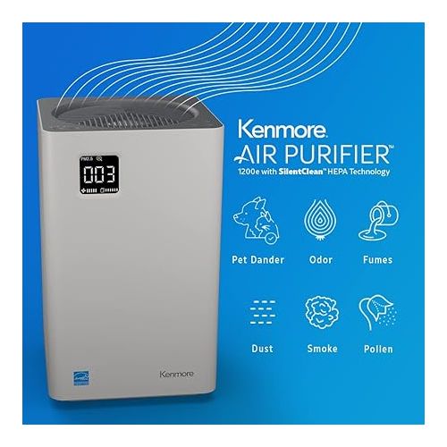  Kenmore PM2010 Air Purifiers with H13 True HEPA Filter, Covers Up to 1200 Sq.Foot, 24db SilentClean 3-Stage HEPA Filtration System, 5 Speeds for Home Large Room, Kitchens & Bedroom, PM2010