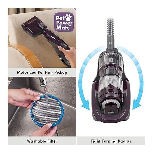  Kenmore Friendly Lightweight Bagless Compact Canister Vacuum, HEPA, Extended Telescoping Wand, Retractable Cord and 2 Cleaning Tools, Pet PowerMate + 2 Motor Power, Purple