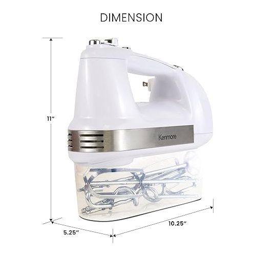  Kenmore 5-Speed Electric Hand Mixer, Beater,Blender, White, 250W Motor, Interchangeable Beaters, Dough Hooks, Liquid Blending Rod, Automatic Cord Retract, Burst Control, Clip-On Accessory Storage Case