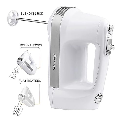  Kenmore 5-Speed Electric Hand Mixer, Beater,Blender, White, 250W Motor, Interchangeable Beaters, Dough Hooks, Liquid Blending Rod, Automatic Cord Retract, Burst Control, Clip-On Accessory Storage Case