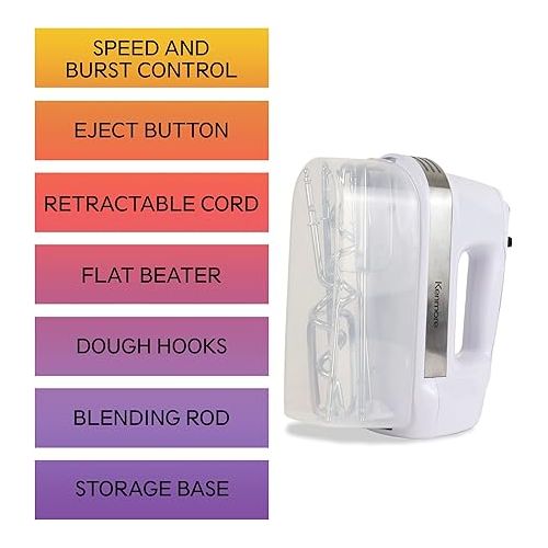  Kenmore 5-Speed Electric Hand Mixer, Beater,Blender, White, 250W Motor, Interchangeable Beaters, Dough Hooks, Liquid Blending Rod, Automatic Cord Retract, Burst Control, Clip-On Accessory Storage Case