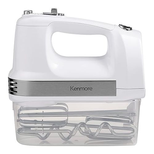  Kenmore 5-Speed Electric Hand Mixer, Beater,Blender, White, 250W Motor, Interchangeable Beaters, Dough Hooks, Liquid Blending Rod, Automatic Cord Retract, Burst Control, Clip-On Accessory Storage Case