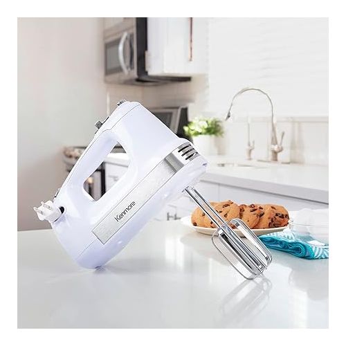  Kenmore 5-Speed Electric Hand Mixer, Beater,Blender, White, 250W Motor, Interchangeable Beaters, Dough Hooks, Liquid Blending Rod, Automatic Cord Retract, Burst Control, Clip-On Accessory Storage Case