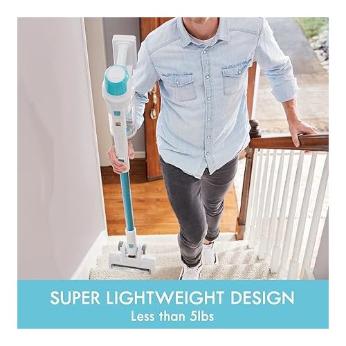  Kenmore DS4065 Cordless Stick Vacuum 1L Capacity Lightweight Cleaner 2-Speed Power Suction LED Headlight 2-in-1 Handheld for Hardwood Floor, Carpet & Dog Hair, Blue, DS4065
