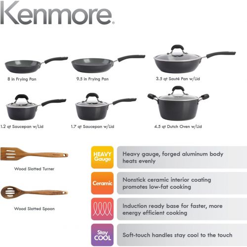  Kenmore Arlington Nonstick Ceramic Coated Forged Aluminum Induction Cookware, 12-Piece, Black Exterior/Grey Interior