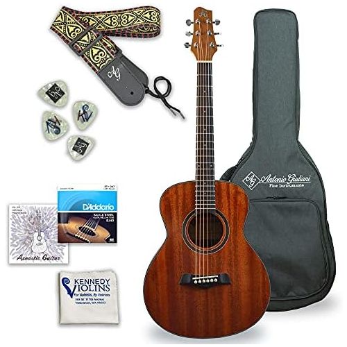  Kennedy Violins Antonio Giuliani Acoustic Guitar Bundle - Mini Jumbo Short Scale (DN-2P) - Dreadnought Travel Guitar with Case, Strap, Strings and Accessories