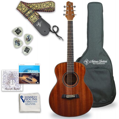  Kennedy Violins Antonio Giuliani Acoustic Guitar Bundle - Mini Jumbo Short Scale (DN-2P) - Dreadnought Travel Guitar with Case, Strap, Strings and Accessories