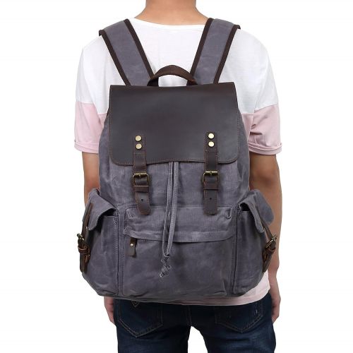  Kenox Mens Genuine Leather Laptop Backpack Waxed Canvas Rusksack Multi Pockets College School Bag Travel Daypack