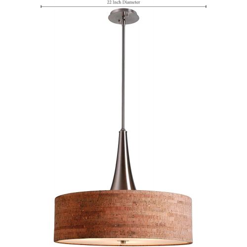  Kenroy Home Modern 3 Light Pendant with Natural Cork Drum Shade, 3 Lights, 22 Inch Diameter, Brushed Steel Finish Center Column and Adjustable Height Rods, Diffuser Included