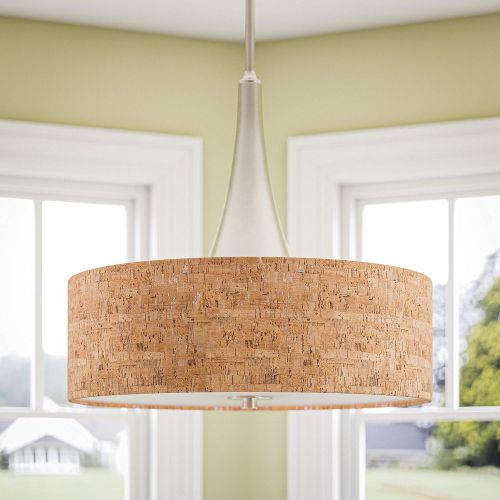  Kenroy Home Modern 3 Light Pendant with Natural Cork Drum Shade, 3 Lights, 22 Inch Diameter, Brushed Steel Finish Center Column and Adjustable Height Rods, Diffuser Included