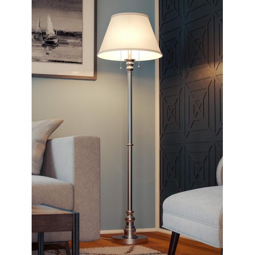  Kenroy Home Modern Brushed Steel Floor Lamp, Dual OnOff Pull Chains, 60 Inch Height, White Natural Linen Shade