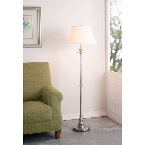  Kenroy Home Modern Brushed Steel Floor Lamp, Dual OnOff Pull Chains, 60 Inch Height, White Natural Linen Shade