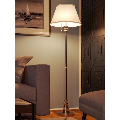  Kenroy Home Modern Brushed Steel Floor Lamp, Dual OnOff Pull Chains, 60 Inch Height, White Natural Linen Shade