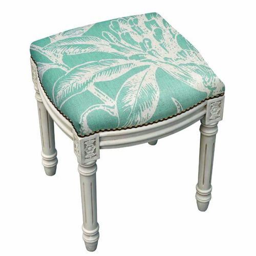  Kensington STOOLS - HYDE PARK BOTANICAL UPHOLSTERED STOOL - VANITY SEAT - AQUA LINEN SEAT CUSHION