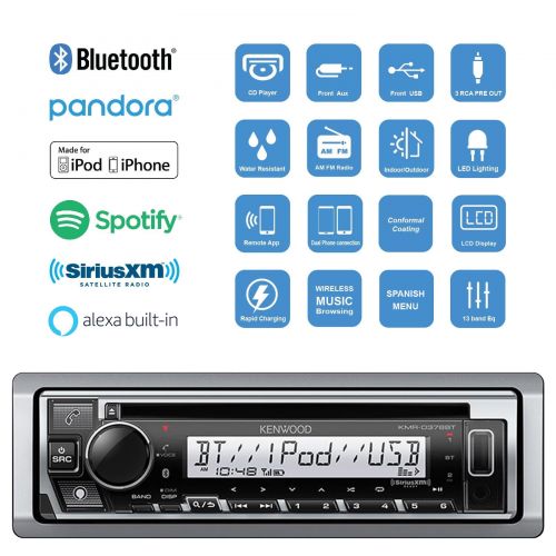  Kenwood Bluetooth CD Radio Receiver In-Dash Marine Boat Audio Bundle With Pair Of Enrock 6.5 Dual-Cone Stereo Speakers + Stereo Waterproof Cover + 18g 50FT Speaker Wire