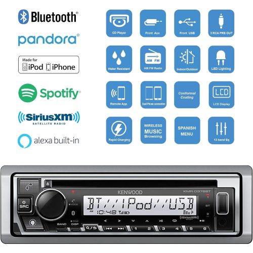  Enrock Kenwood Pyle Kenwood Bluetooth CD Radio Receiver KMR-D365BT In-Dash Marine Boat Audio Bundle With Pair Of Enrock 6.5 Dual-Cone Stereo Speakers + Stereo Waterproof Cover + 18g 50FT Speaker Wire