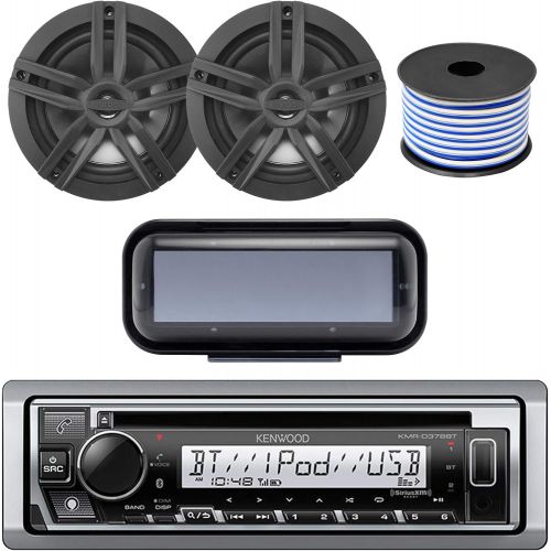  Enrock Kenwood Pyle Kenwood Bluetooth CD Radio Receiver KMR-D365BT In-Dash Marine Boat Audio Bundle With Pair Of Enrock 6.5 Dual-Cone Stereo Speakers + Stereo Waterproof Cover + 18g 50FT Speaker Wire