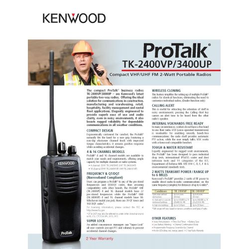  Kenwood ProTalk TK-3400U4P Compact UHF FM Portable 2-Way Radio (Pack of 6), 4 Total Channels, 2.0 Watt Output Power, 250000 Sq. Ft.  20 Floor  6 Mile Range, 90 UHF Business Frequ