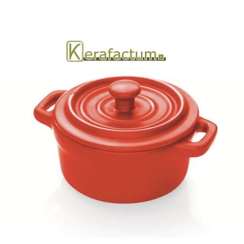  Kerafactum - Feuerfeste Cocotte Poterie aus Steingut Mini Kochtopf Toepfchen mit Deckel Auflaufform zum berbacken fuer Wuerzfleisch oder Pudding in rot Ø 10 cm