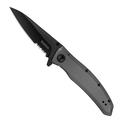  Kershaw Grid Folding Pocket Knife, 3.7 inch Black Serrated Blade, Steel Handle, Pocketclip