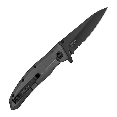  Kershaw Grid Folding Pocket Knife, 3.7 inch Black Serrated Blade, Steel Handle, Pocketclip