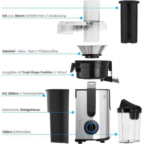  KESSER Entsafter fuer Obst und Gemuese aus Edelstahl 1100W grosse 85 mm Einfuelloeffnung inkl. Reinigungsbuerste und Saftbehalter 3 Geschwindigkeitsstufen, Saftpresse Juicer, Silber