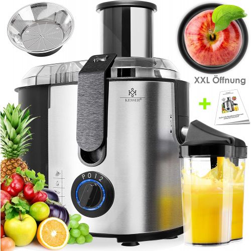  KESSER Entsafter fuer Obst und Gemuese aus Edelstahl 1100W grosse 85 mm Einfuelloeffnung inkl. Reinigungsbuerste und Saftbehalter 3 Geschwindigkeitsstufen, Saftpresse Juicer, Silber