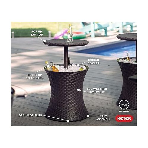  Keter Pacific Cool Bar Outdoor Patio Furniture and Hot Tub Side Table with 7.5 Gallon Beer and Wine Cooler, Espresso Brown