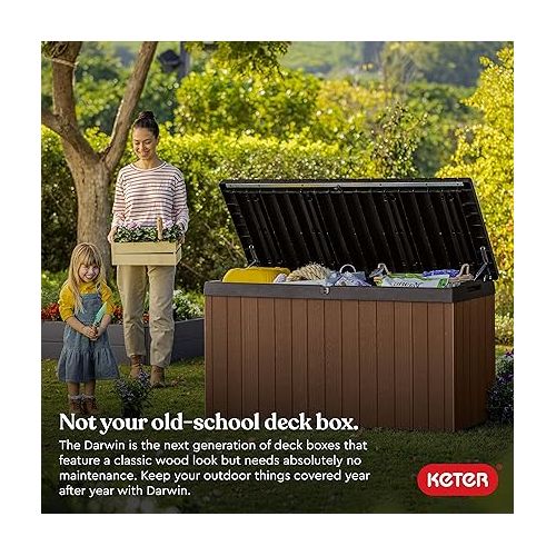 Keter Darwin 150 Gallon Resin Large Deck Box - Organization and Storage for Patio Furniture, Outdoor Cushions, Garden Tools and Pool Toys, Brown & Black