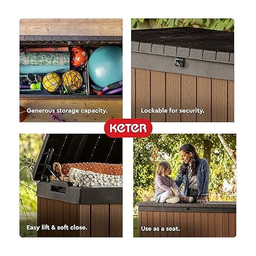  Keter Darwin 150 Gallon Resin Large Deck Box - Organization and Storage for Patio Furniture, Outdoor Cushions, Garden Tools and Pool Toys, Brown & Black
