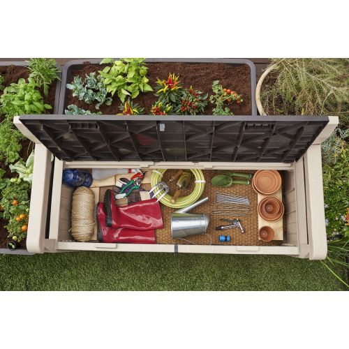  Keter Eden 70 Gal All Weather Outdoor Patio Storage Bench Deck Box , Beige/Brown