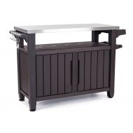 Keter Unity XL Indoor Outdoor Entertainment BBQ Storage Table/Prep Station/Serving Cart with Metal Top, Brown