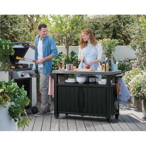  Keter Unity XL Indoor Outdoor Entertainment BBQ Storage Table/Prep Station/Serving Cart with Metal Top, Brown