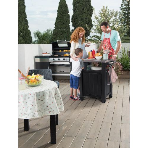  Keter Unity XL Indoor Outdoor Entertainment BBQ Storage Table/Prep Station/Serving Cart with Metal Top, Brown