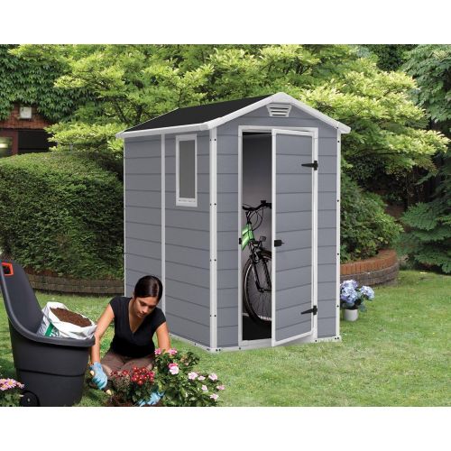  Keter KETER Manor 4x6 Resin Outdoor Shed Kit for Garden, Patio Furniture, and Bike Storage, Grey, 4 by 6, Gray/White