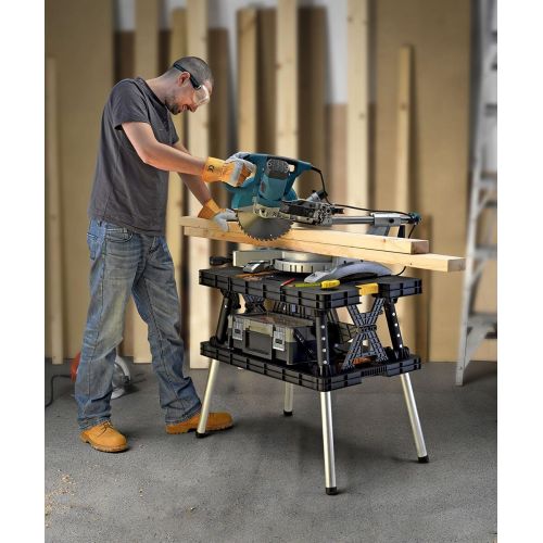  Keter - 197283 Folding Table Work Bench for Miter Saw Stand, Woodworking Tools and Accessories with Included 12 Inch Wood Clamps ? Easy Garage Storage Black/Yellow
