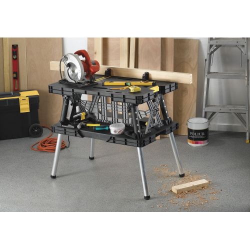  Keter - 197283 Folding Table Work Bench for Miter Saw Stand, Woodworking Tools and Accessories with Included 12 Inch Wood Clamps ? Easy Garage Storage Black/Yellow