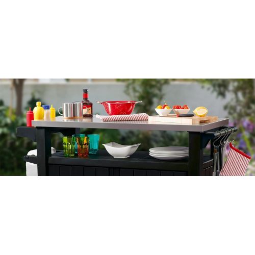  Keter Unity XL Portable Outdoor Table with Storage Cabinet Stainless Steel Top, and Grilling Accessories, Dark Grey
