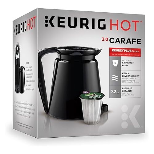  Keurig 2.0 Plastic Carafe 32oz Double-Walled with Easy-Pour Handle, Holds and Dispenses Up to 4 Cups of Hot Coffee, Compatible With Keurig 2.0 K-Cup Pod Coffee Makers, Black