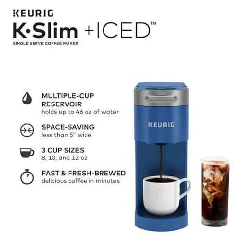 Keurig K-Slim + ICED Single Serve Coffee Maker, Brews 8 to 12oz. Cups, Blue