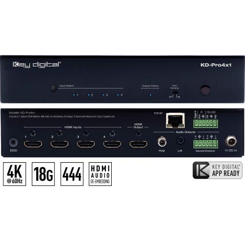  Key Digital KD-Pro4x1 4 Inputs to 1 Output HDMI Switcher, Audio De-embedding of Analog LR BalancedUnbalanced & Digital Coaxial Audio, Supports Ultra HD4K & HDCP2.2