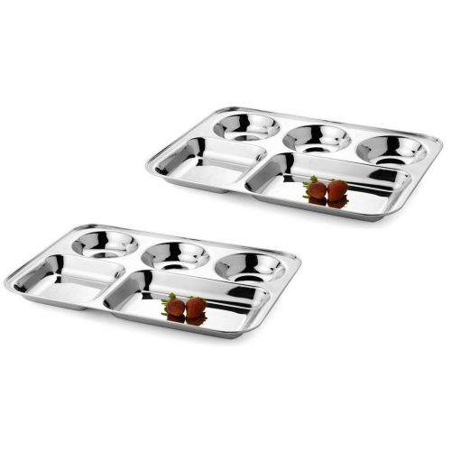  Khandekar (with device of K) Khandekar Pack of 2 Stainless Steel Rectangular Thali Plate, 5 compartment Thali, Mess Trays, Kids Lunch and Dinner or Every Day Use - 13 Inch