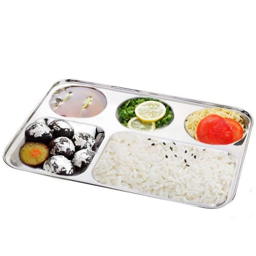  Khandekar (with device of K) Khandekar Pack of 2 Stainless Steel Rectangular Thali Plate, 5 compartment Thali, Mess Trays, Kids Lunch and Dinner or Every Day Use - 13 Inch