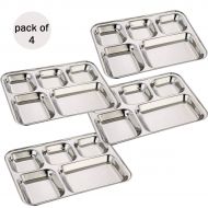 Khandekar (with device of K) Pack Of 4 Rectangular Steel Thali With 5 Compartment Food Divided Steel Plate, Mess tray, Dinner plates, Indian Dinnerware Plates, For Kitchen,Home,Office Etc Daily Use Kids Lunch