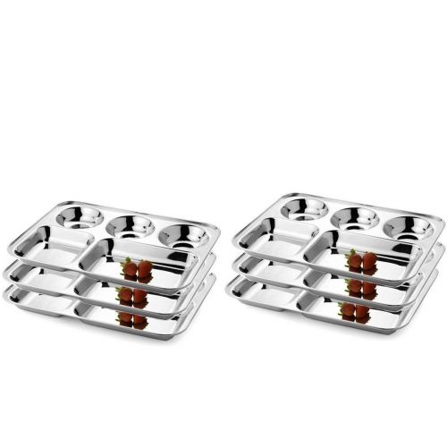  Khandekar (with device of K) Pack of 6 Stainless Steel 5 Compartment Rectangular Plates for Daily Use Mess Tray, Food Divided Plates, Kids Lunch Plates Or Every Day Use, Compartment Divided Plates by Khandekar