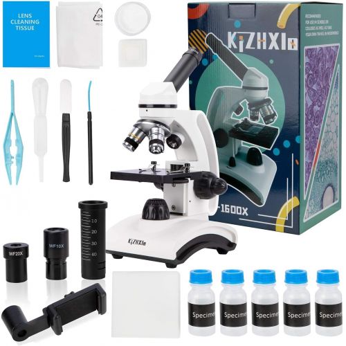  [아마존베스트]KiZHXlo Monocular Microscope 40X-1600X Magnification with Barlow Lens for Students Adults, Dual LED Illumination, with Science Kits Beginners Microscope Includes Phone Adapter